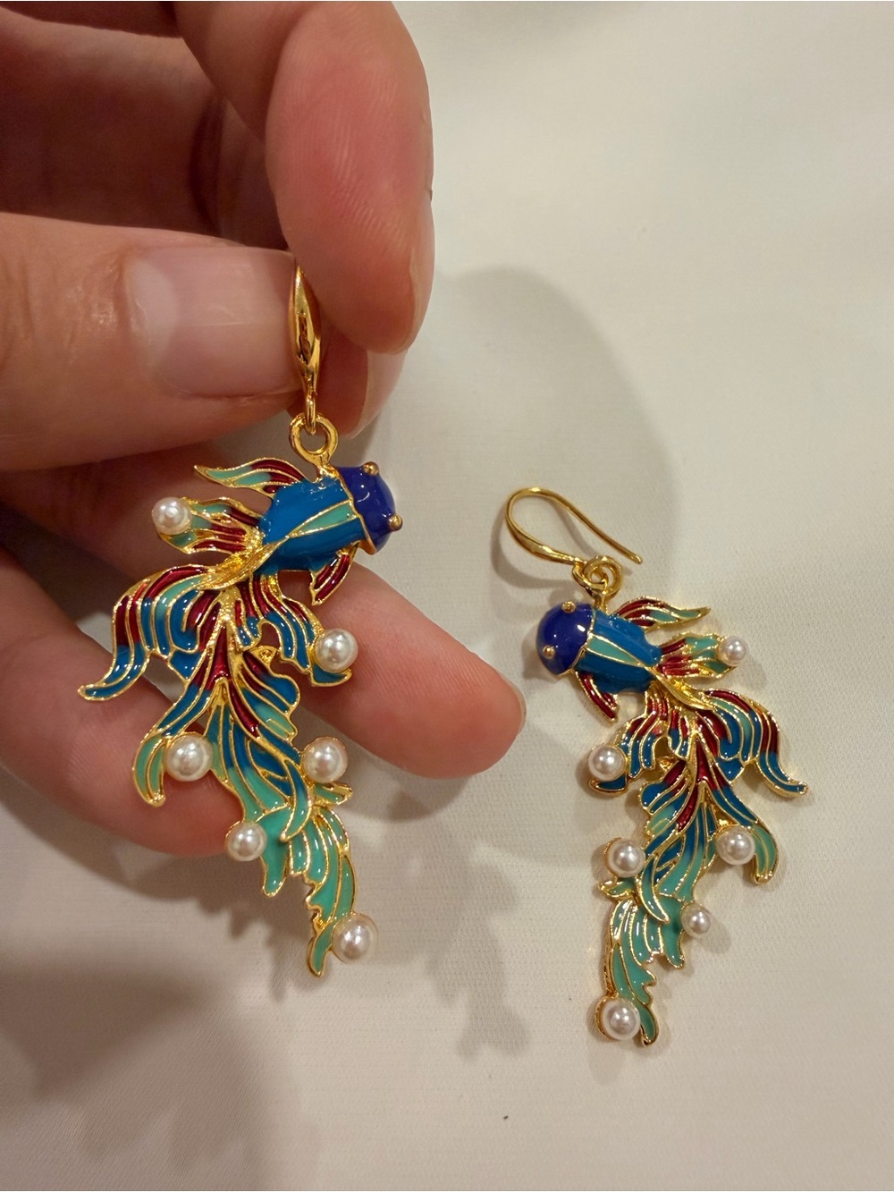 Blue Enamel Fish Drop Earrings with Pearls - Women Jewelry